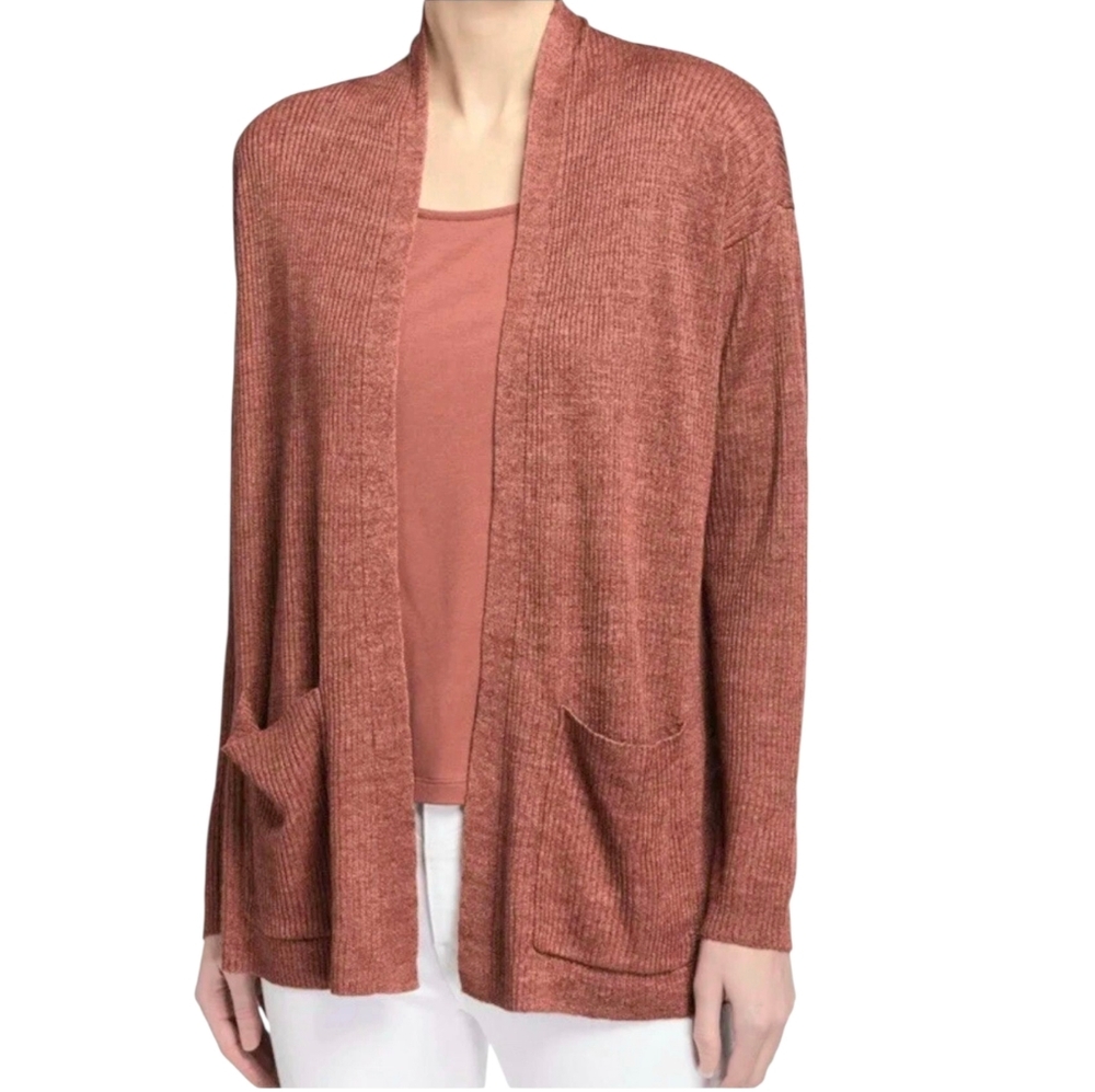 Eileen Fisher Organic Cotton Ribbed Knit Rust Open-Front Cardigan Sweater